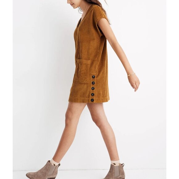 Madewell Corduroy Side-Button Shift Dress V-Neck Medium Antique Gold Casual Styl - Picture 3 of 14